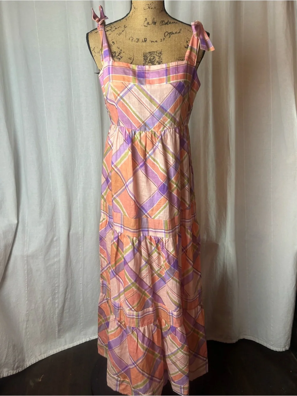 Anthropologie Kachel Tie Strap Linen Maxi Dress Pink Peach Purple Plaid Sz M